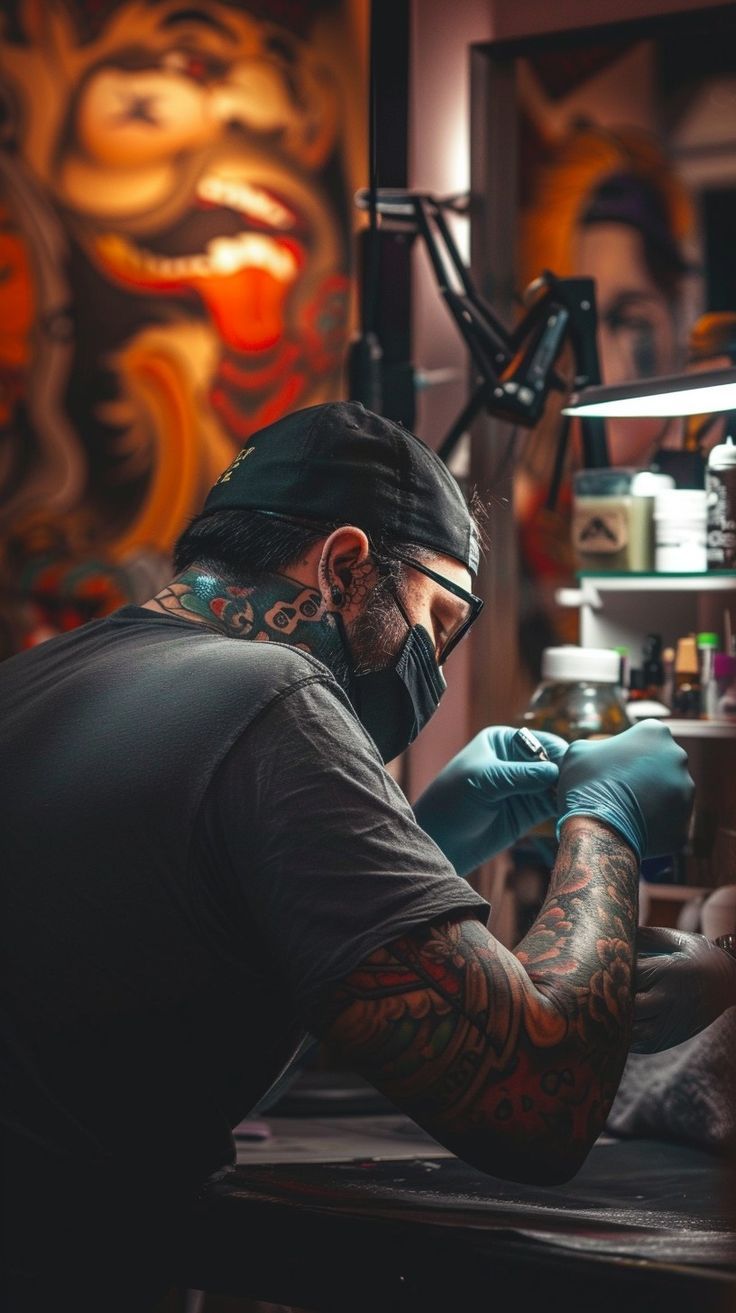 tattoo artist in vibrant tattoo studio